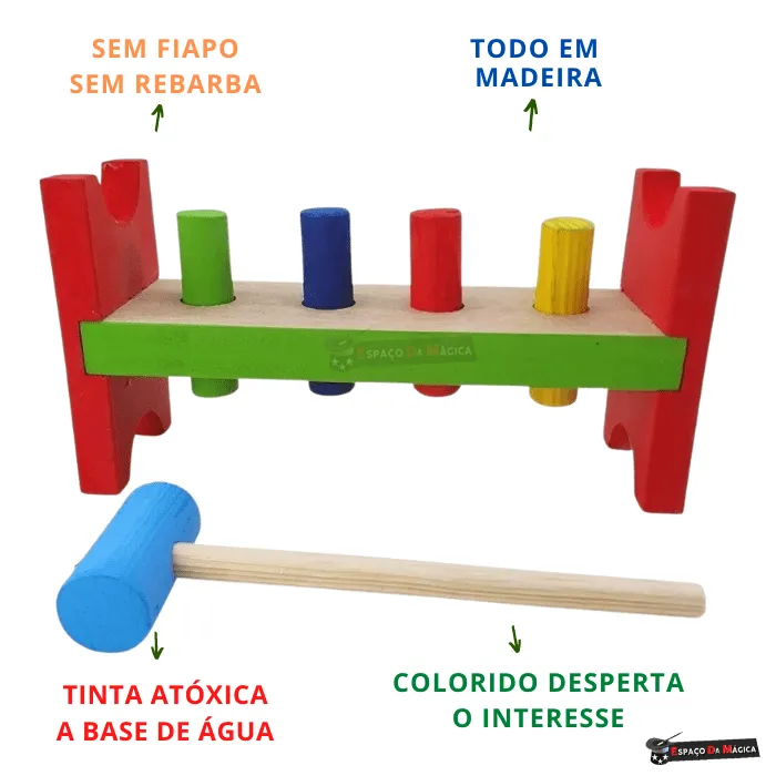 Brinquedo educativo bate pinos de madeira colorido estilo Montessori para coordenação motora infantil