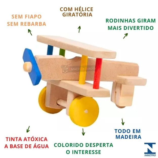 Avião educativo de madeira colorido infantil – brinquedo pedagógico lúdico e resistente