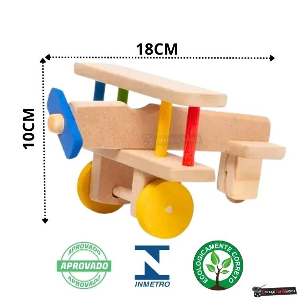Avião educativo de madeira colorido infantil – brinquedo pedagógico lúdico e resistente