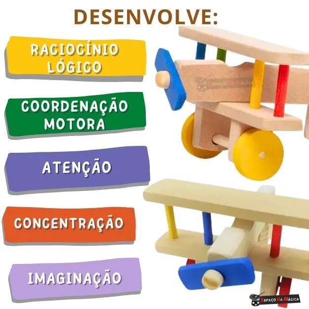 Avião educativo de madeira colorido infantil – brinquedo pedagógico lúdico e resistente