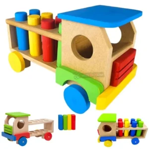 Caminhão educativo de madeira com pinos de encaixe estilo Montessori colorido para crianças