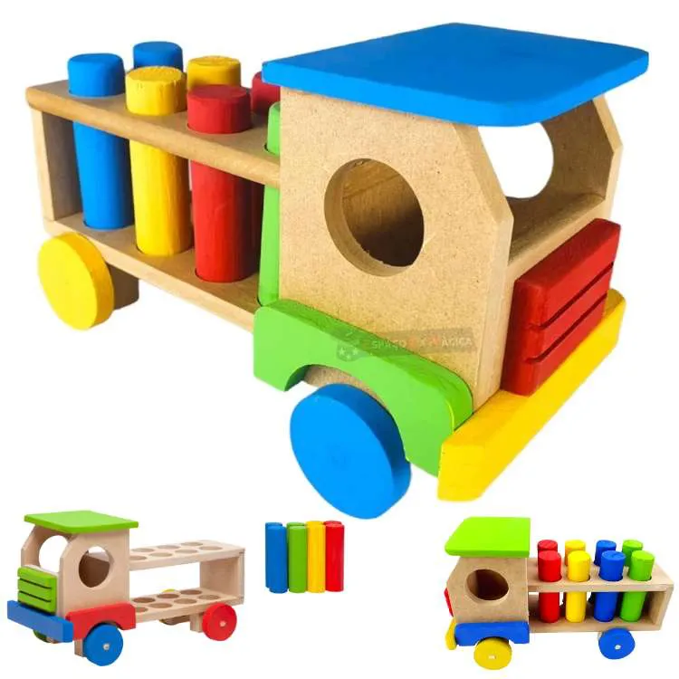 Caminhão educativo de madeira com pinos de encaixe estilo Montessori colorido para crianças