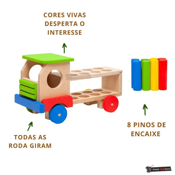 Caminhão educativo de madeira com pinos de encaixe estilo Montessori colorido para crianças