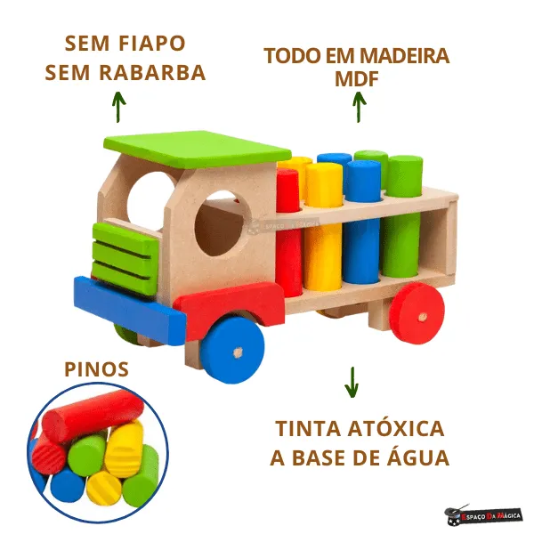 Caminhão educativo de madeira com pinos de encaixe estilo Montessori colorido para crianças