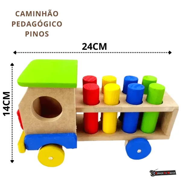 Caminhão educativo de madeira com pinos de encaixe estilo Montessori colorido para crianças