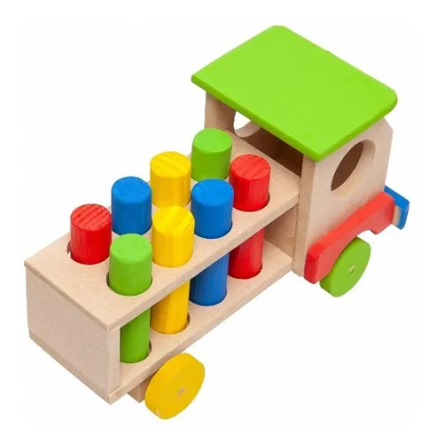 Caminhão educativo de madeira com pinos de encaixe estilo Montessori colorido para crianças