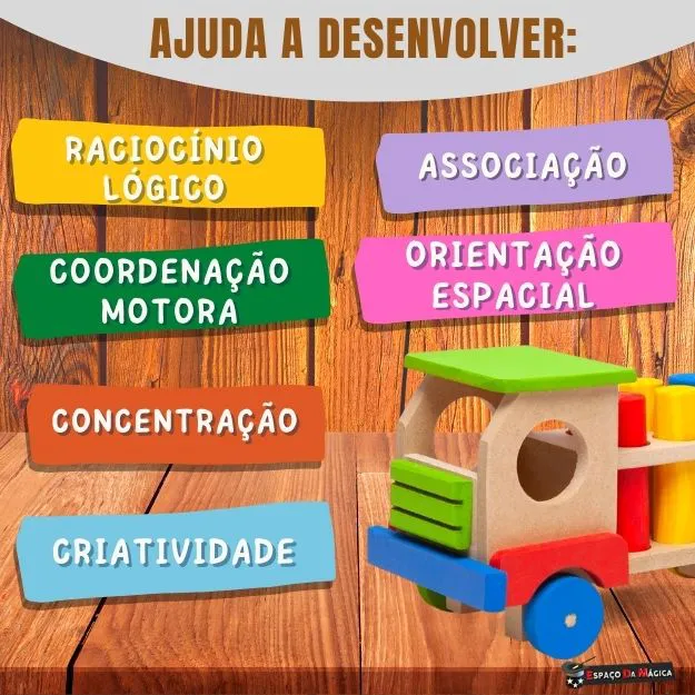 Caminhão educativo de madeira com pinos de encaixe estilo Montessori colorido para crianças