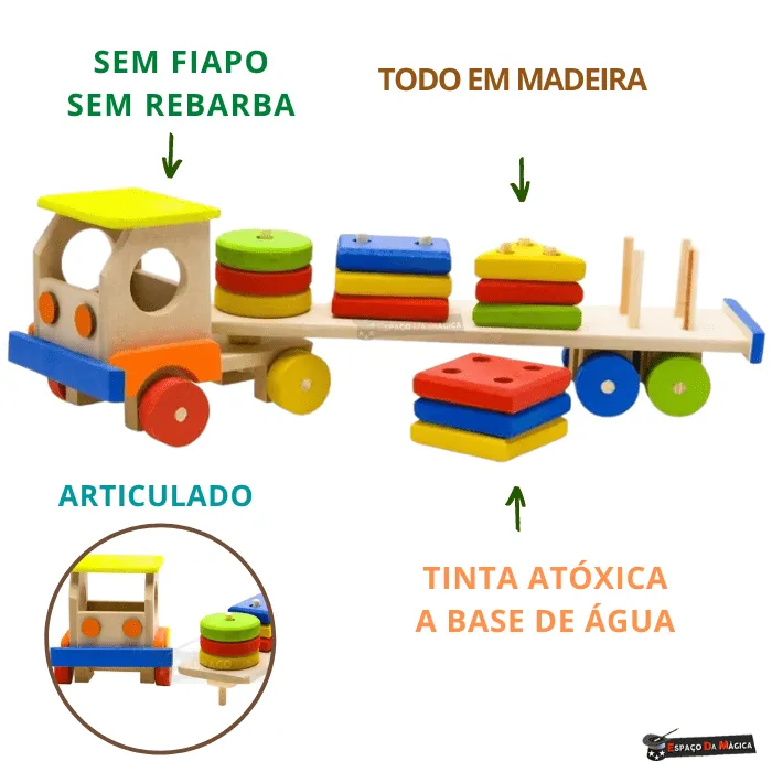 Carreta educativa de madeira com formas geométricas coloridas para encaixar – brinquedo pedagógico Montessori