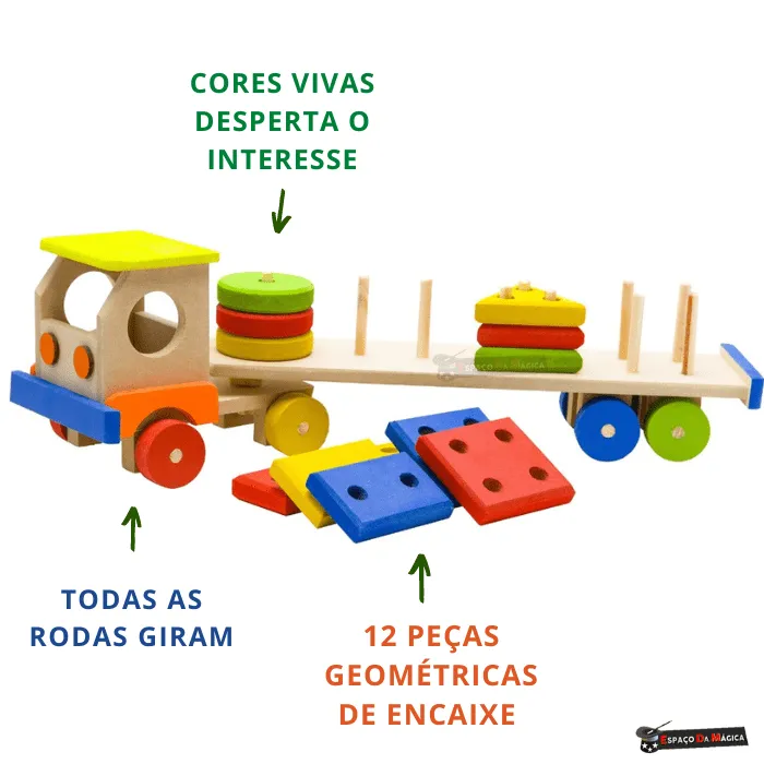 Carreta educativa de madeira com formas geométricas coloridas para encaixar – brinquedo pedagógico Montessori