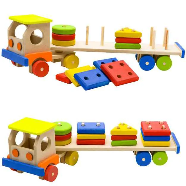 Carreta educativa de madeira com formas geométricas coloridas para encaixar – brinquedo pedagógico Montessori