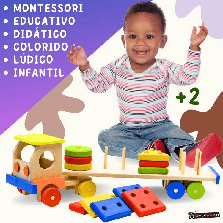 Carreta educativa de madeira com formas geométricas coloridas para encaixar – brinquedo pedagógico Montessori