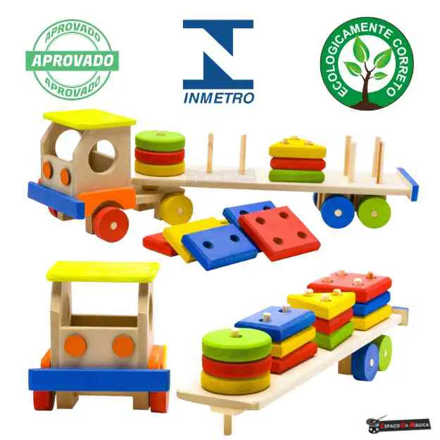 Carreta educativa de madeira com formas geométricas coloridas para encaixar – brinquedo pedagógico Montessori