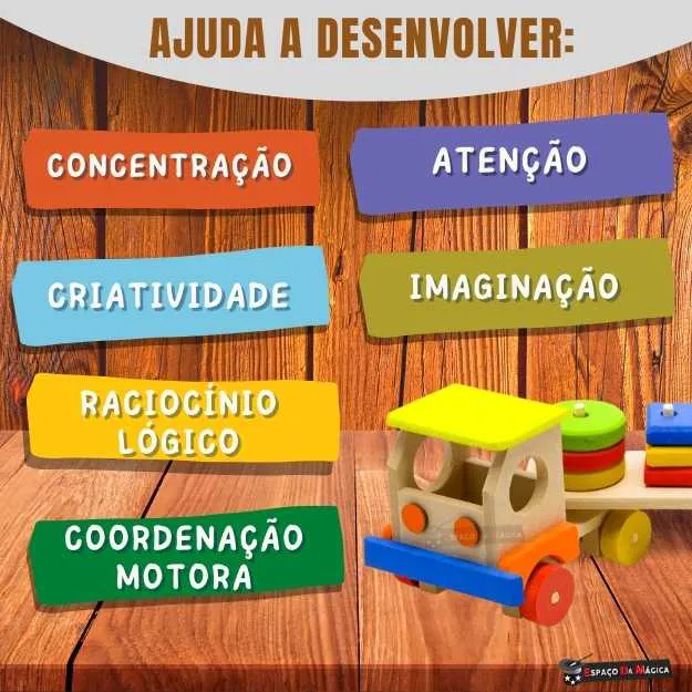 Carreta educativa de madeira com formas geométricas coloridas para encaixar – brinquedo pedagógico Montessori