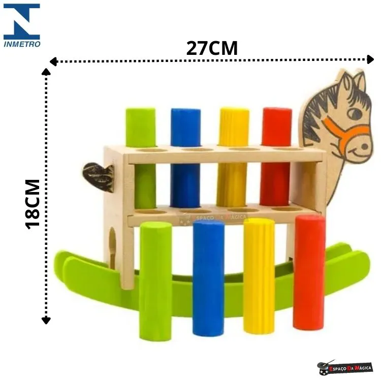 Brinquedo pedagógico de madeira em formato de cavalinho com pinos coloridos, educativo e estilo Montessori