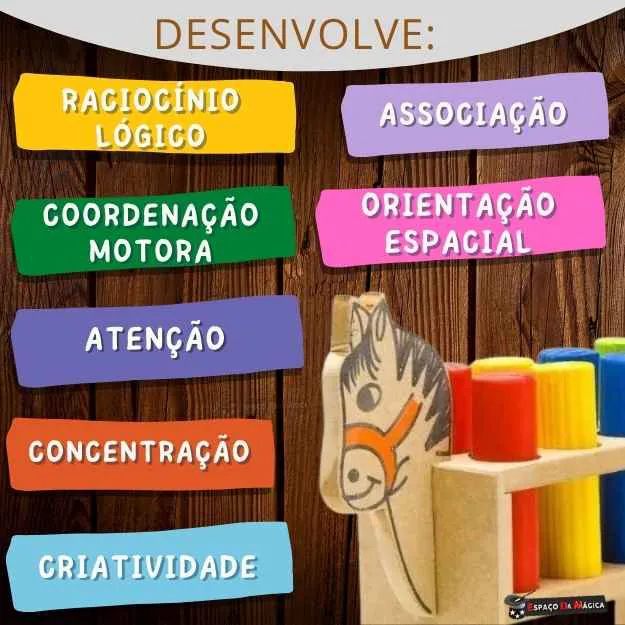 Brinquedo pedagógico de madeira em formato de cavalinho com pinos coloridos, educativo e estilo Montessori