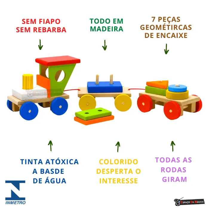 Trem educativo de madeira com blocos geométricos coloridos – brinquedo pedagógico Montessori
