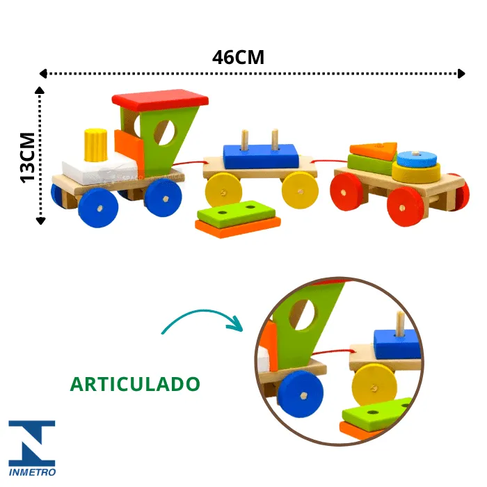 Trem educativo de madeira com blocos geométricos coloridos – brinquedo pedagógico Montessori