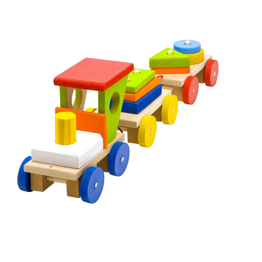 Trem educativo de madeira com blocos geométricos coloridos – brinquedo pedagógico Montessori