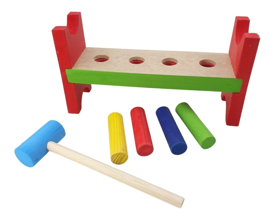 Brinquedo educativo bate pinos de madeira colorido estilo Montessori para coordenação motora infantil