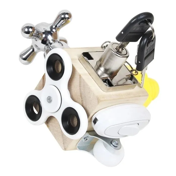 Cubo Montessori de atividades sensoriais em madeira colorido para desenvolvimento infantil