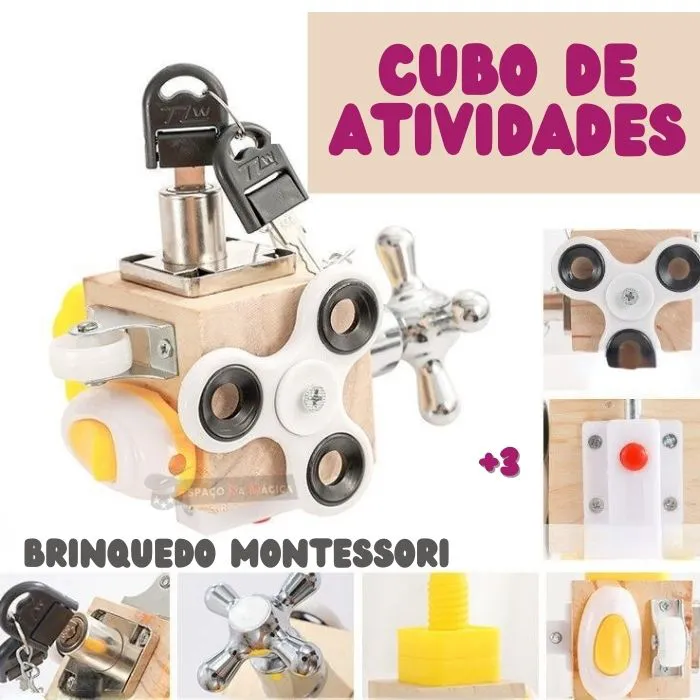 Cubo Montessori de atividades sensoriais em madeira colorido para desenvolvimento infantil